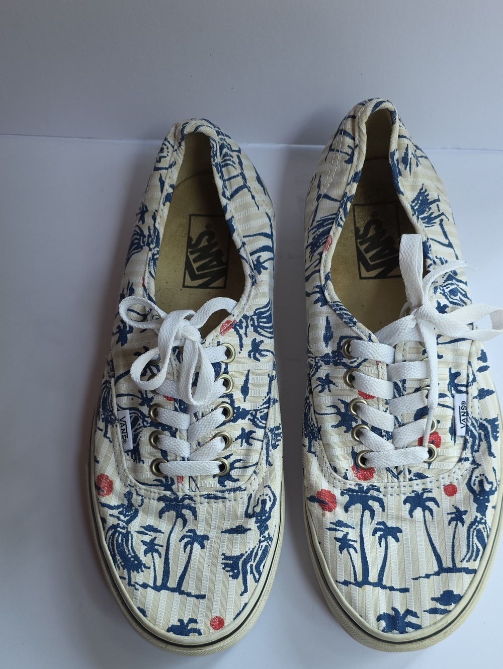 Vans Women's Cream Canvas Sneakers with Blue Palm Print and Red Accents